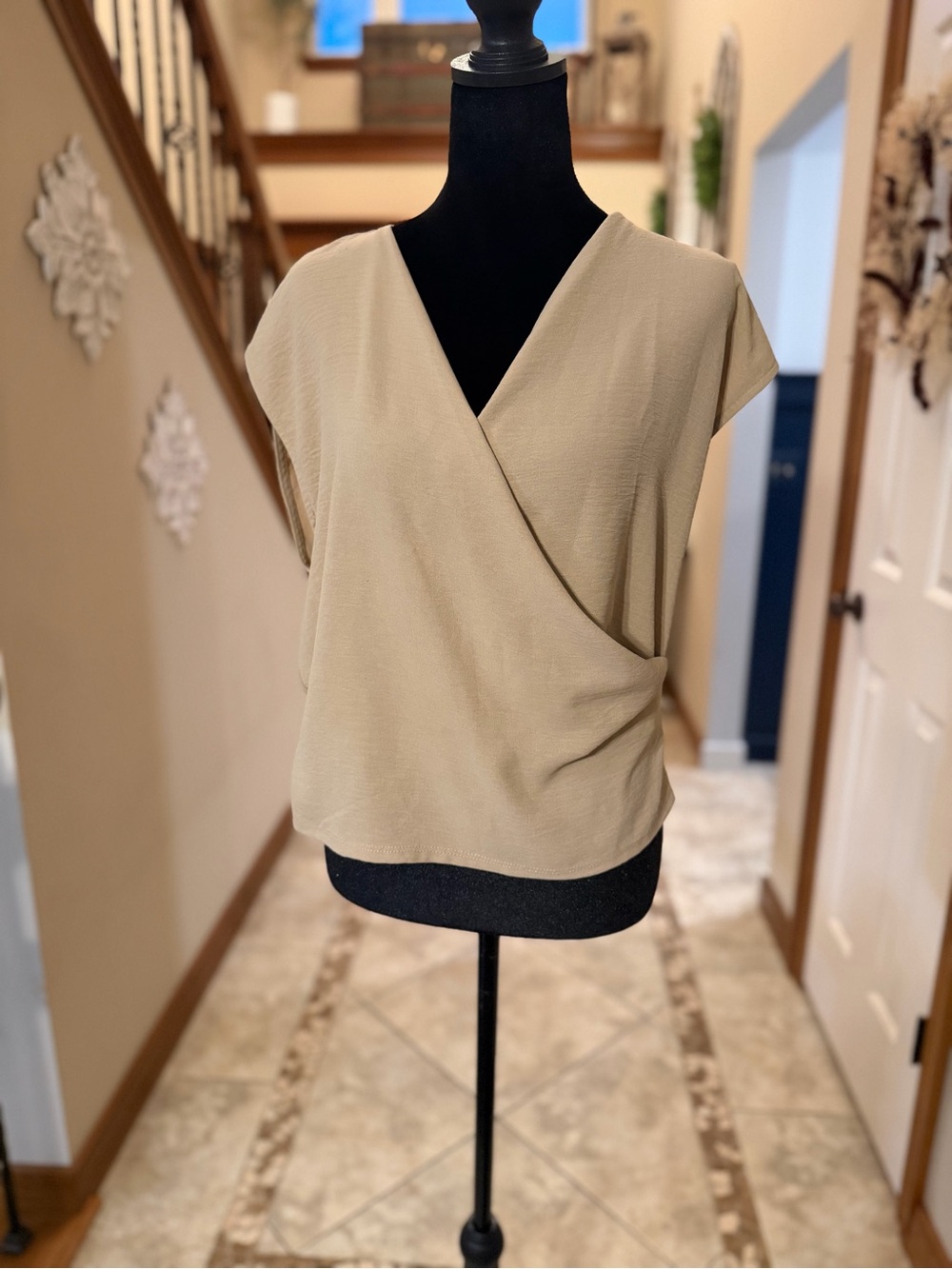 Express Women’s Small Beige Draped Crossover V-Neck Blouse Top